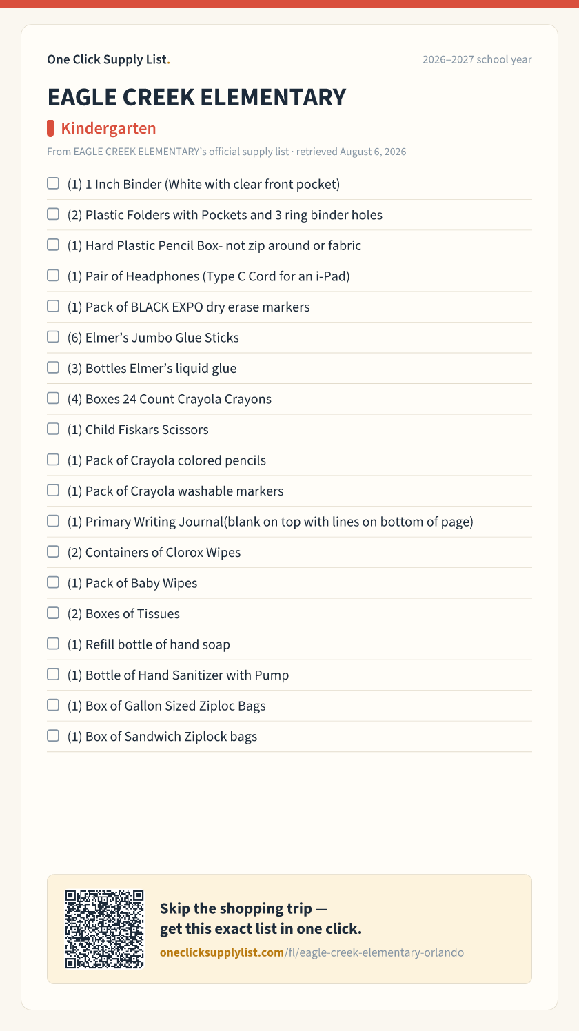 EAGLE CREEK ELEMENTARY Kindergarten supply list — printable image