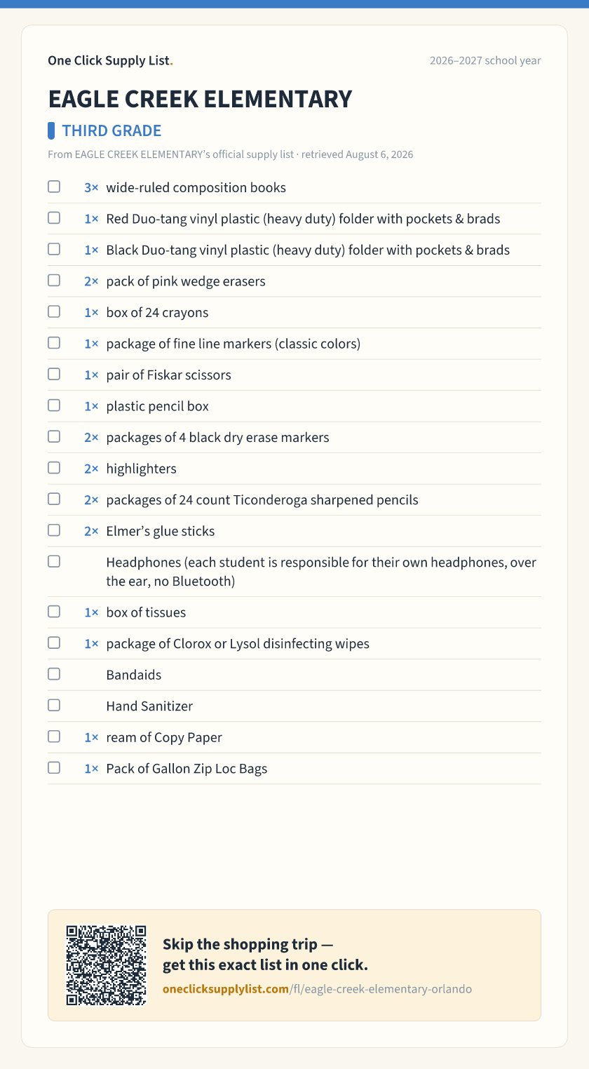 EAGLE CREEK ELEMENTARY THIRD GRADE supply list — printable image