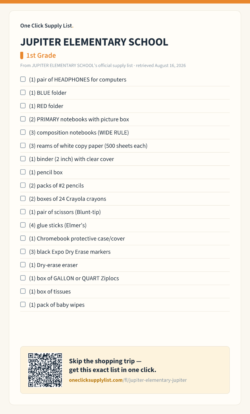 JUPITER ELEMENTARY SCHOOL 1st Grade supply list — printable image