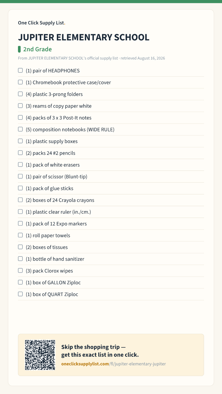 JUPITER ELEMENTARY SCHOOL 2nd Grade supply list — printable image