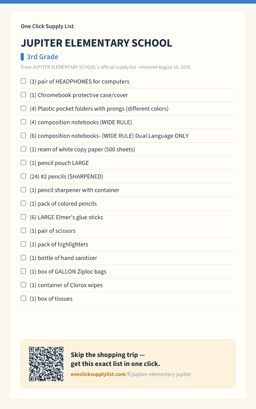 JUPITER ELEMENTARY SCHOOL 3rd Grade supply list — printable image