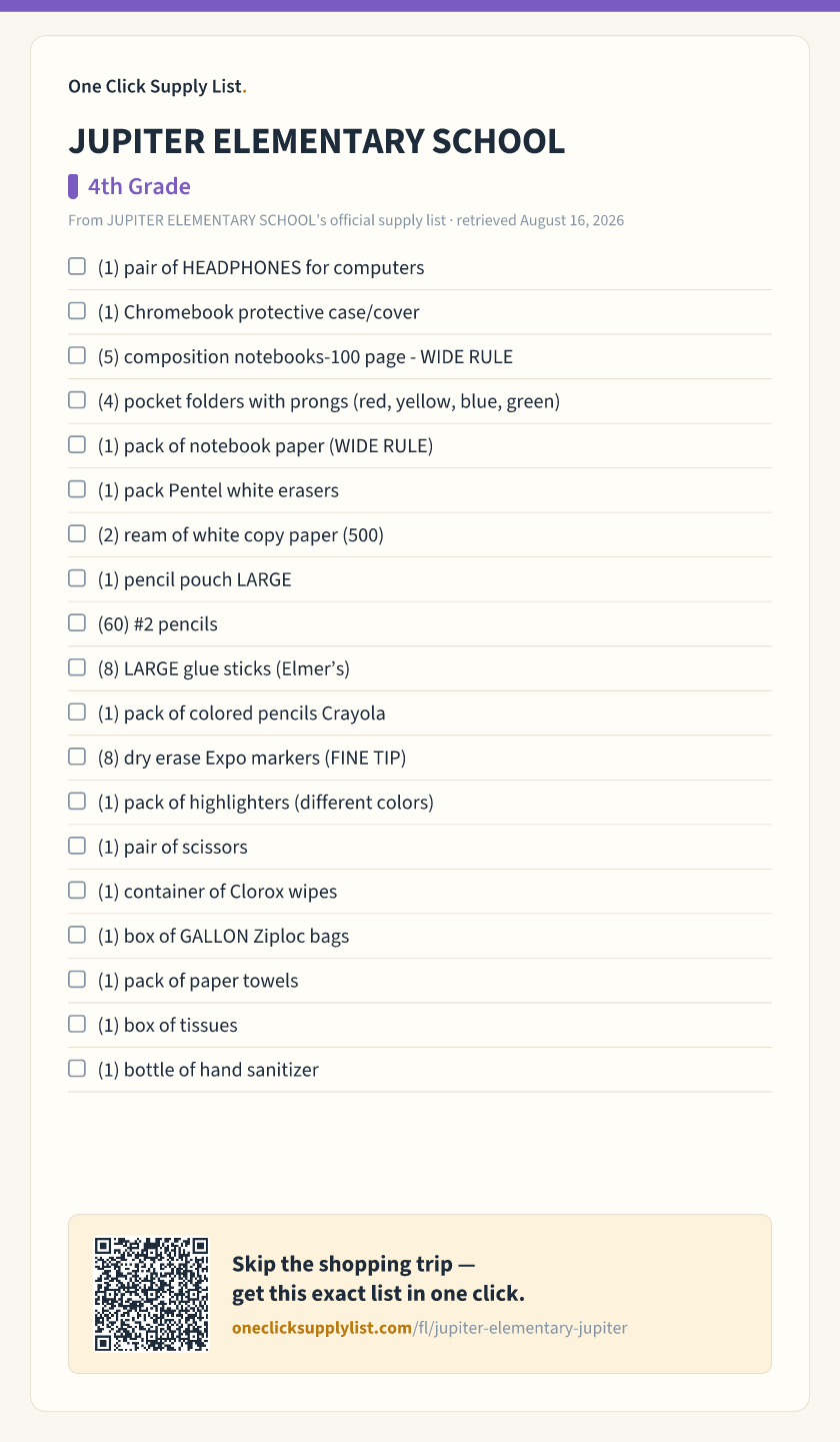 JUPITER ELEMENTARY SCHOOL 4th Grade supply list — printable image