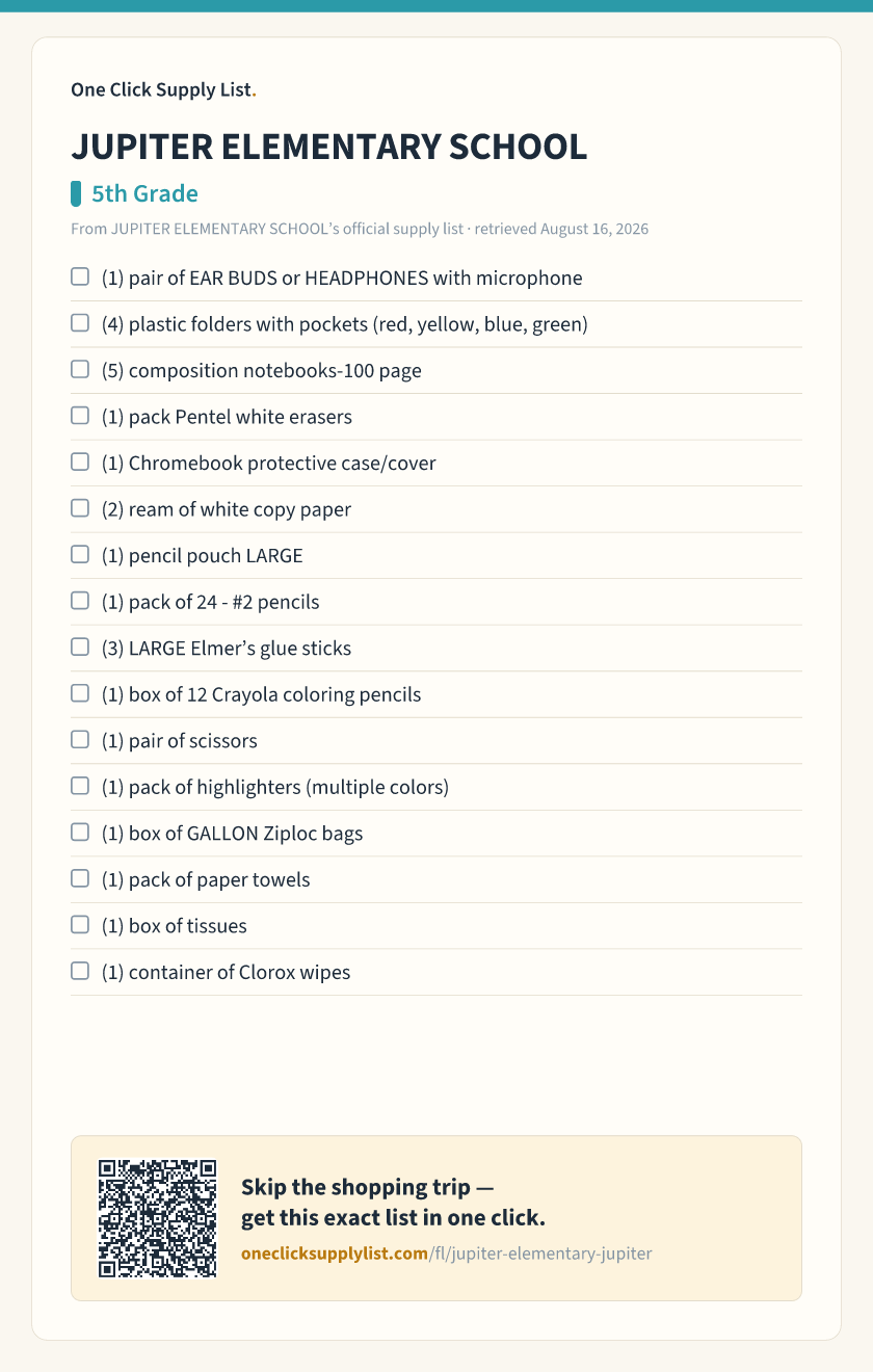 JUPITER ELEMENTARY SCHOOL 5th Grade supply list — printable image