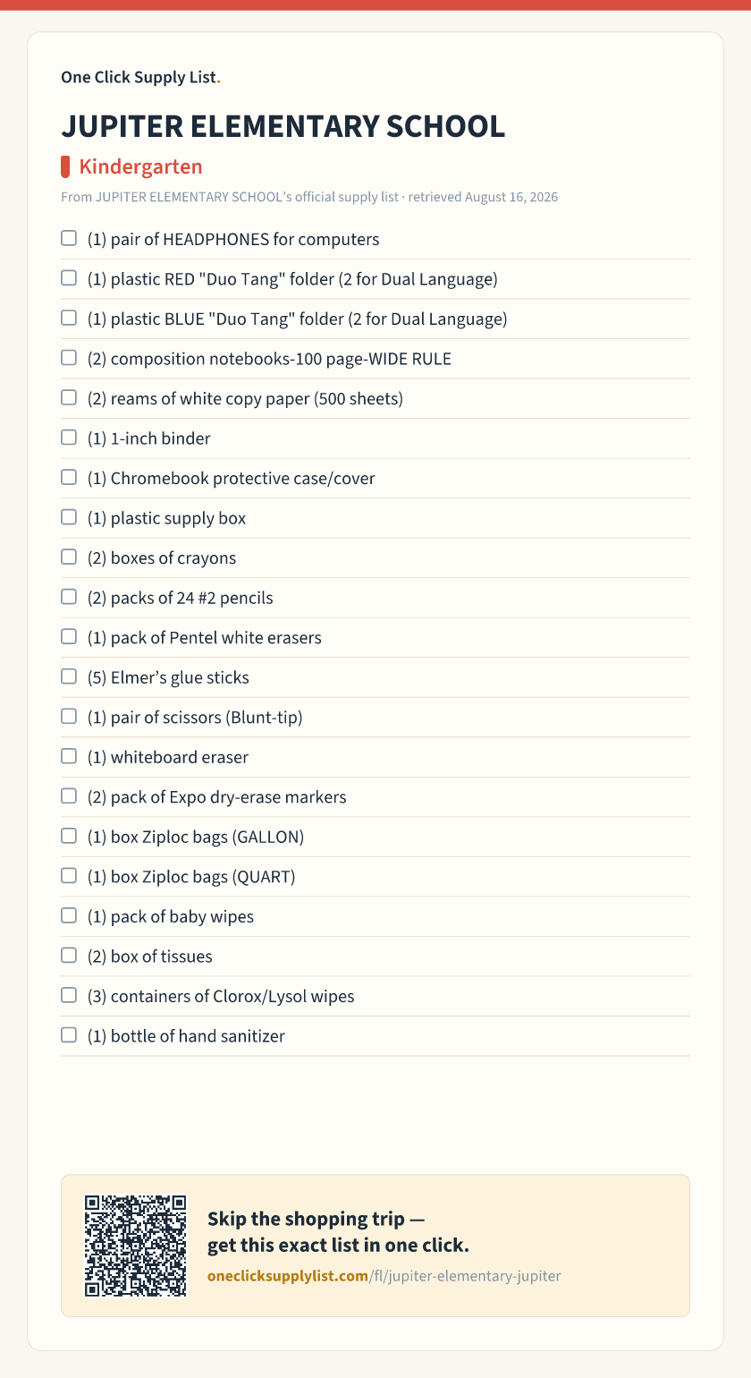JUPITER ELEMENTARY SCHOOL Kindergarten supply list — printable image