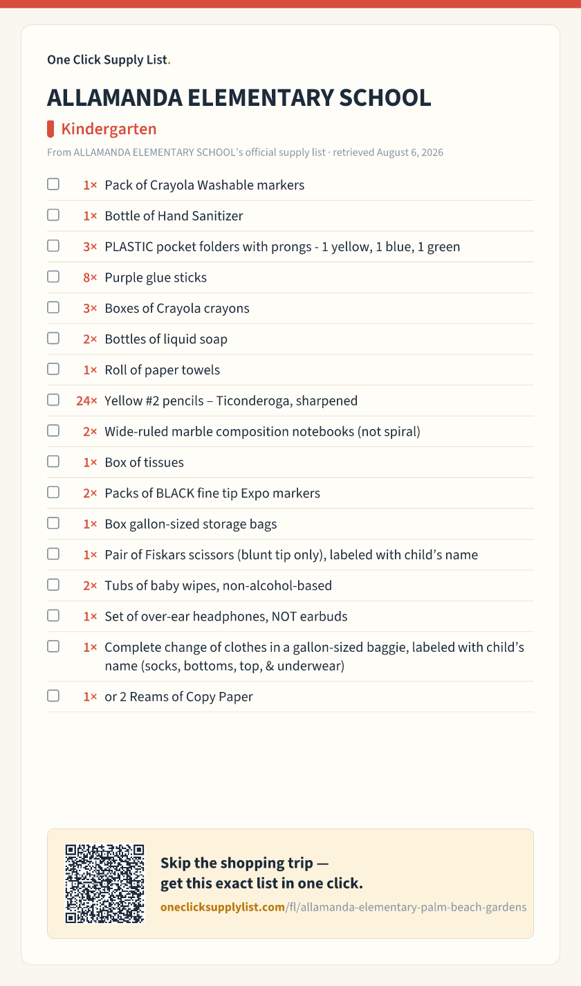 ALLAMANDA ELEMENTARY SCHOOL Kindergarten supply list — printable image