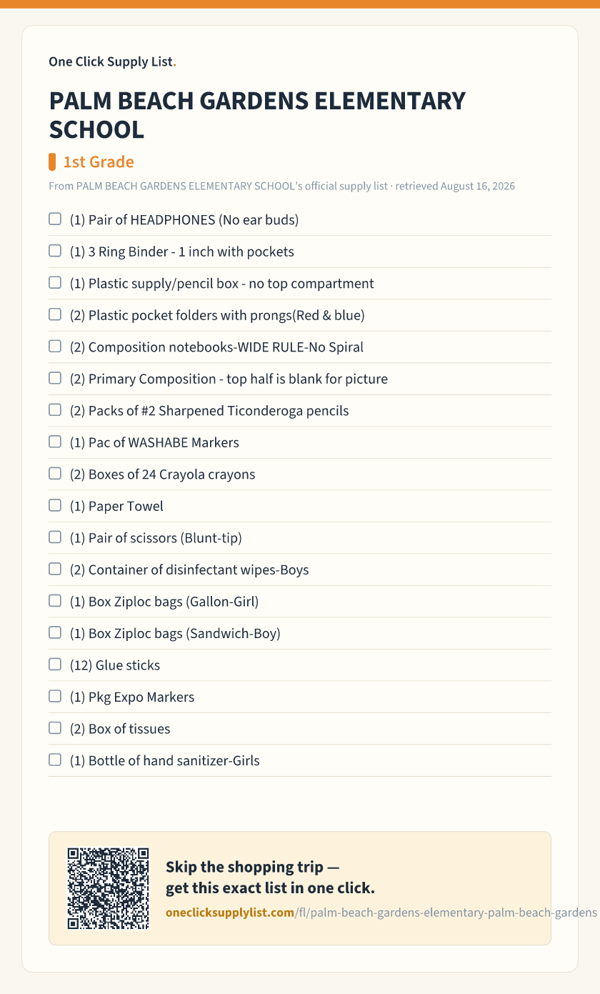 PALM BEACH GARDENS ELEMENTARY SCHOOL 1st Grade supply list — printable image