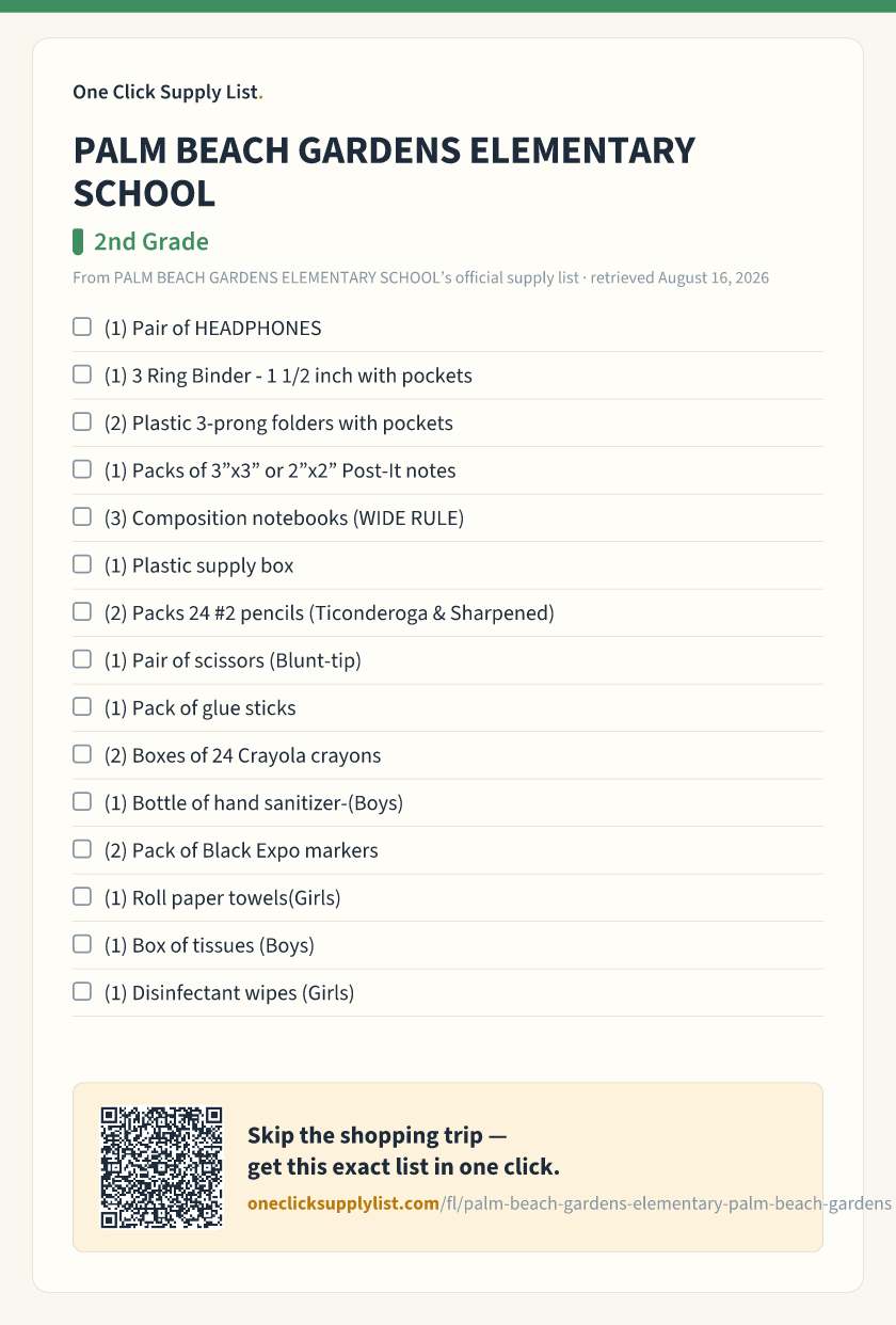 PALM BEACH GARDENS ELEMENTARY SCHOOL 2nd Grade supply list — printable image