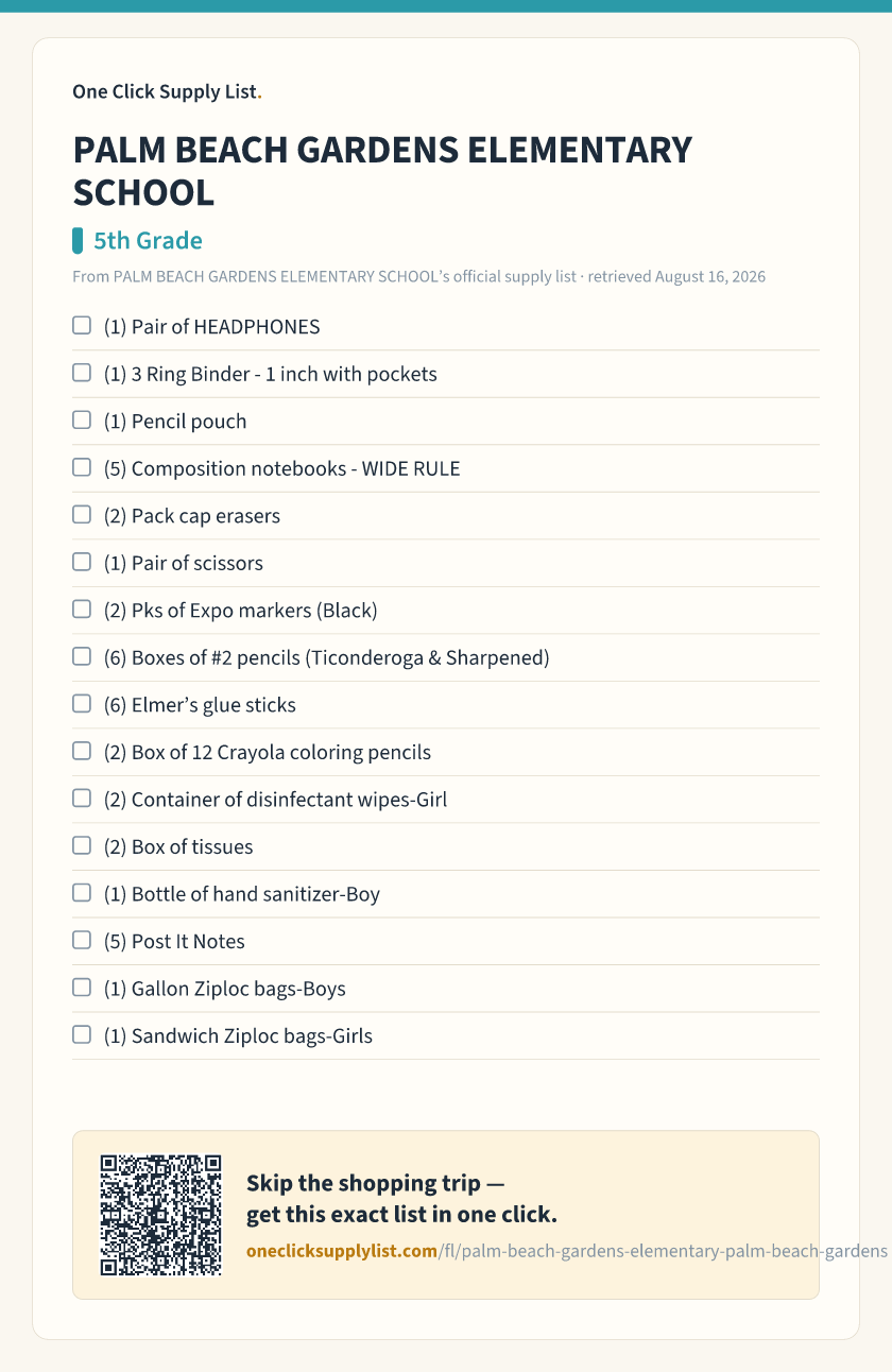 PALM BEACH GARDENS ELEMENTARY SCHOOL 5th Grade supply list — printable image