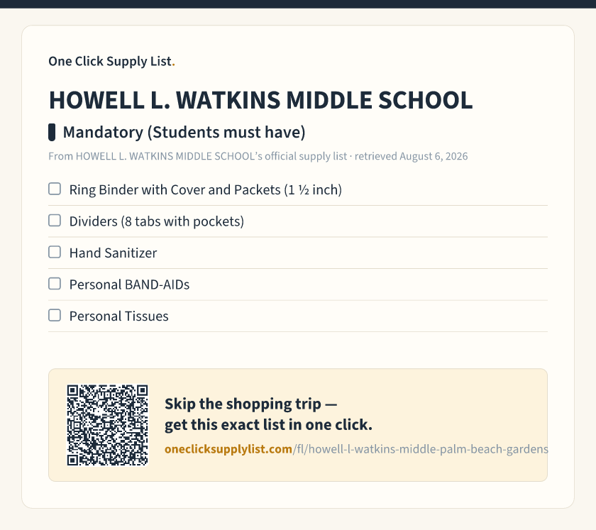 HOWELL L. WATKINS MIDDLE SCHOOL Mandatory (Students must have) supply list — printable image