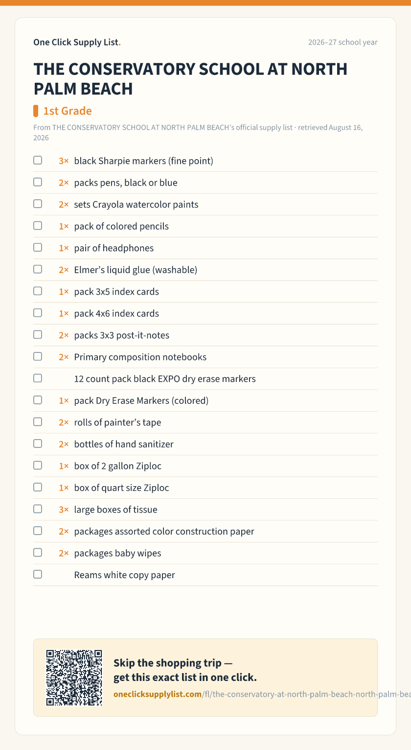 THE CONSERVATORY SCHOOL AT NORTH PALM BEACH 1st Grade supply list — printable image