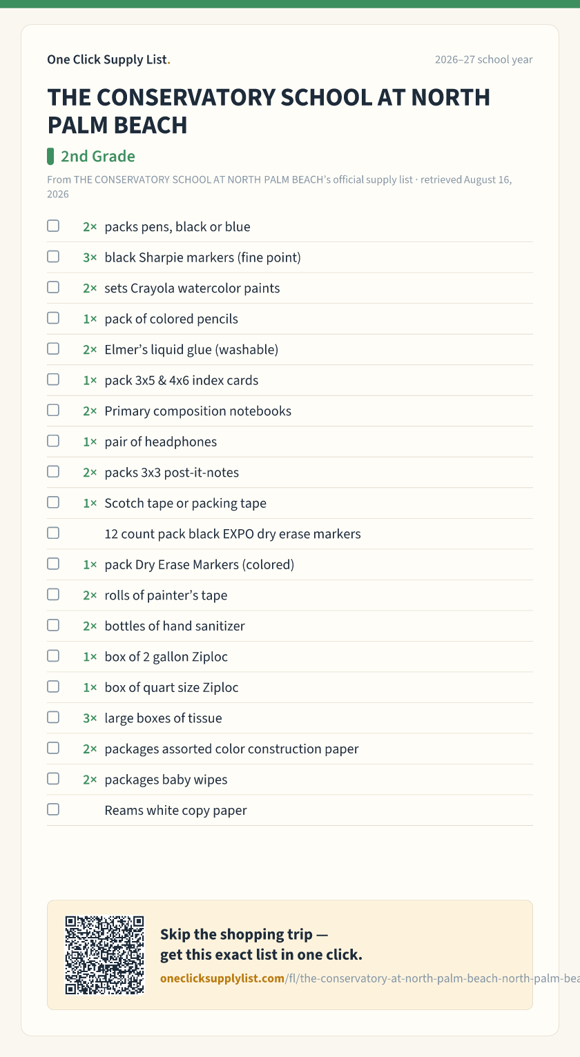 THE CONSERVATORY SCHOOL AT NORTH PALM BEACH 2nd Grade supply list — printable image