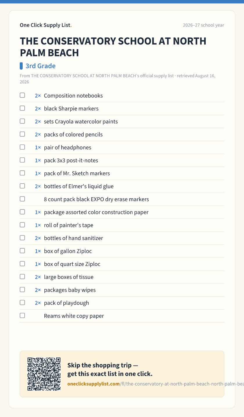THE CONSERVATORY SCHOOL AT NORTH PALM BEACH 3rd Grade supply list — printable image