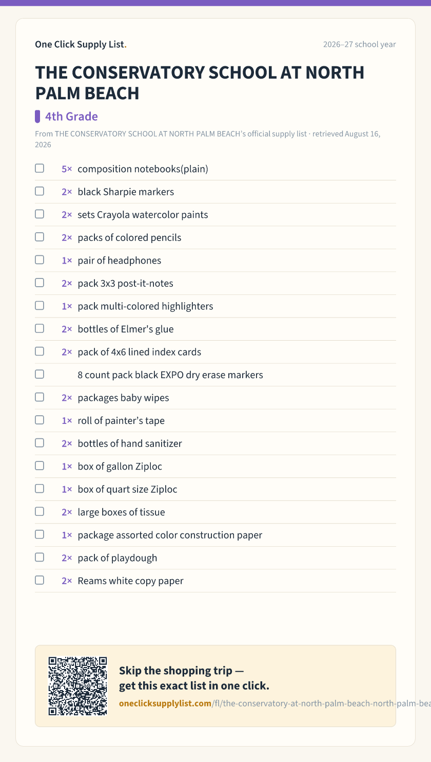 THE CONSERVATORY SCHOOL AT NORTH PALM BEACH 4th Grade supply list — printable image