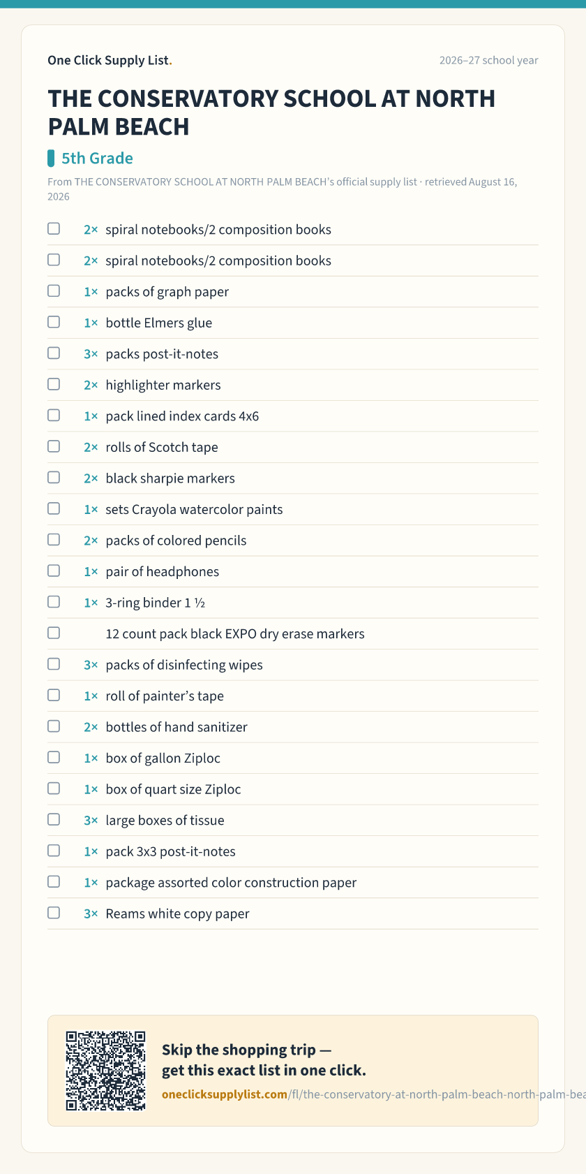 THE CONSERVATORY SCHOOL AT NORTH PALM BEACH 5th Grade supply list — printable image