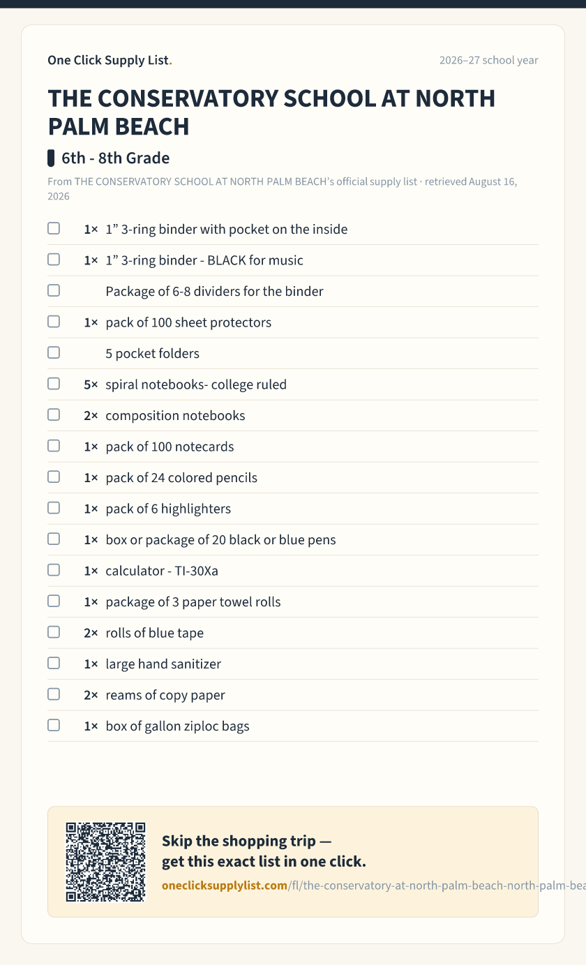 THE CONSERVATORY SCHOOL AT NORTH PALM BEACH 6th - 8th Grade supply list — printable image