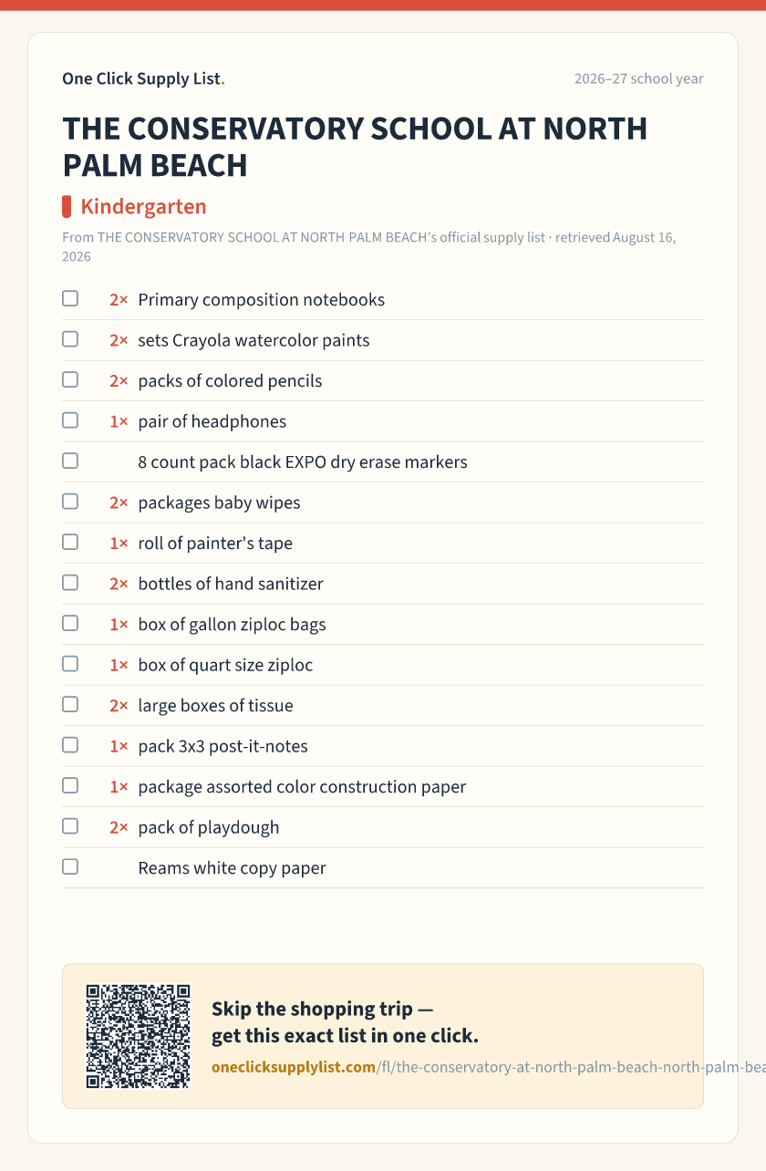 THE CONSERVATORY SCHOOL AT NORTH PALM BEACH Kindergarten supply list — printable image