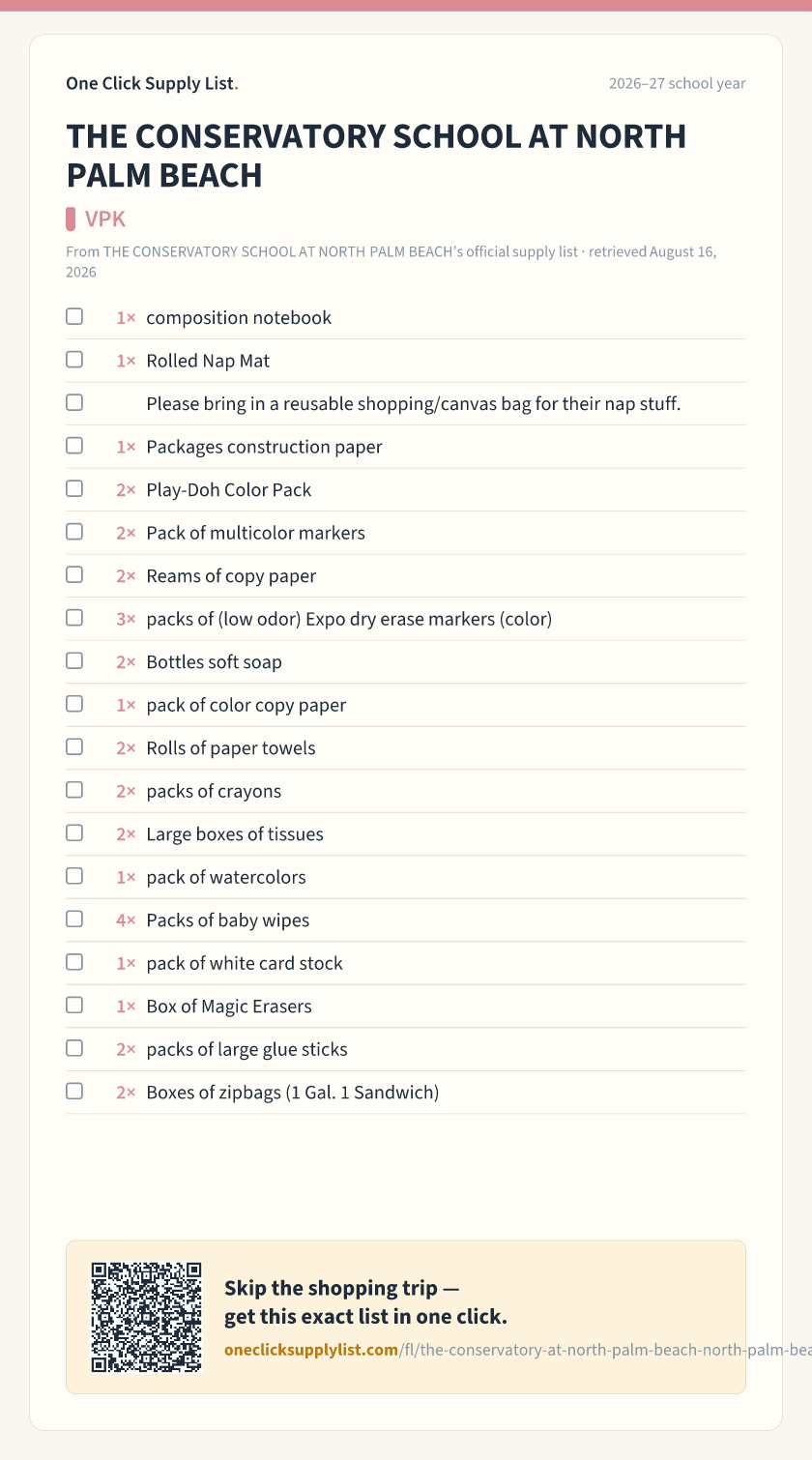 THE CONSERVATORY SCHOOL AT NORTH PALM BEACH VPK supply list — printable image