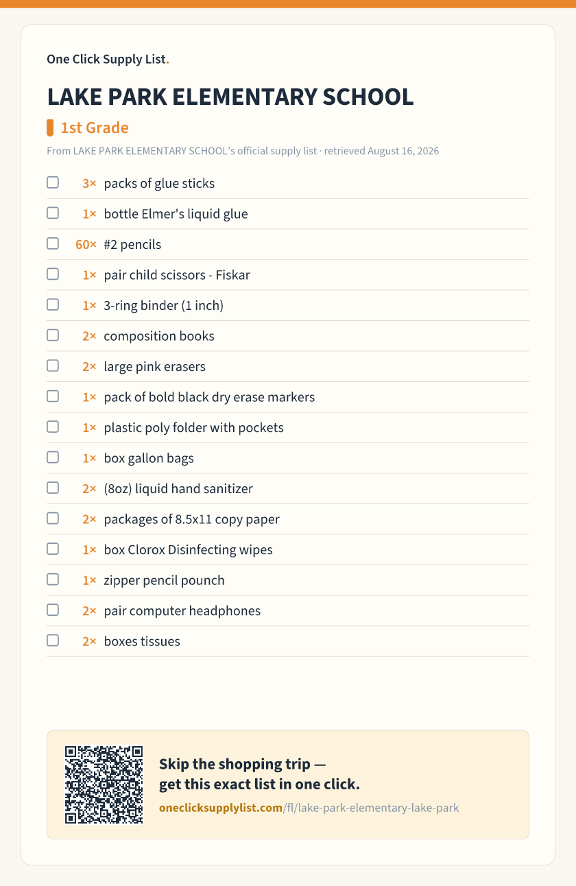 LAKE PARK ELEMENTARY SCHOOL 1st Grade supply list — printable image