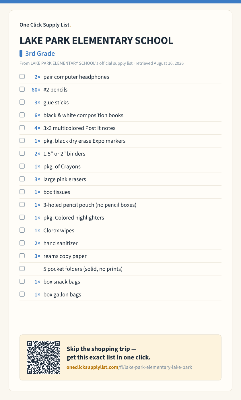 LAKE PARK ELEMENTARY SCHOOL 3rd Grade supply list — printable image