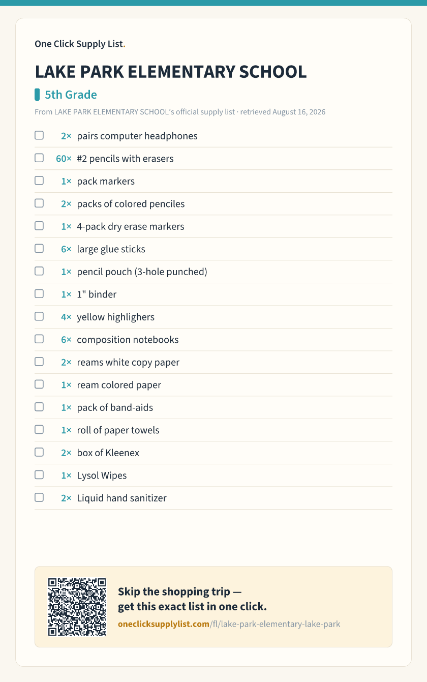 LAKE PARK ELEMENTARY SCHOOL 5th Grade supply list — printable image
