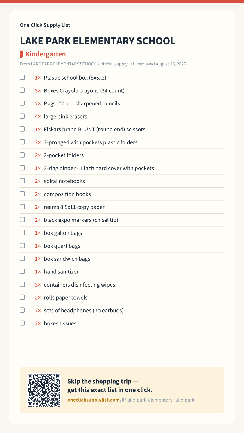 LAKE PARK ELEMENTARY SCHOOL Kindergarten supply list — printable image