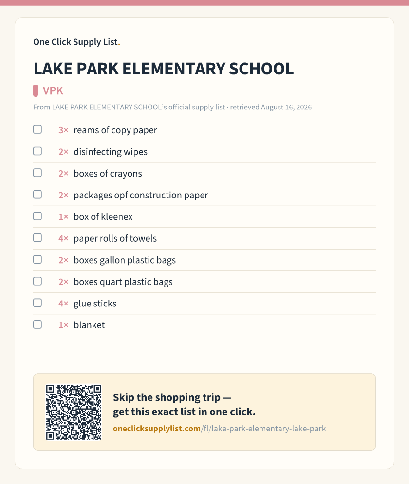LAKE PARK ELEMENTARY SCHOOL VPK supply list — printable image