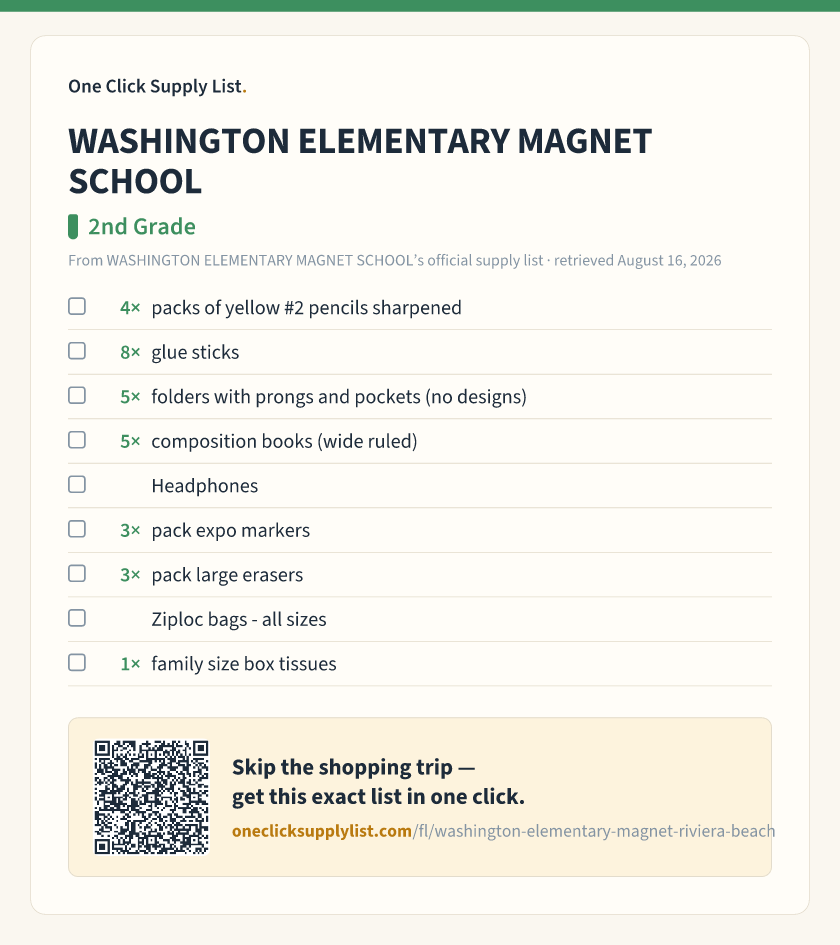 WASHINGTON ELEMENTARY MAGNET SCHOOL 2nd Grade supply list — printable image