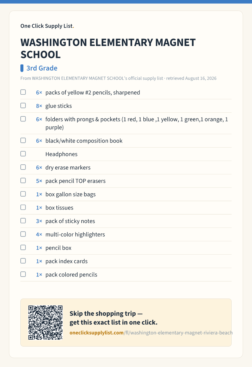 WASHINGTON ELEMENTARY MAGNET SCHOOL 3rd Grade supply list — printable image
