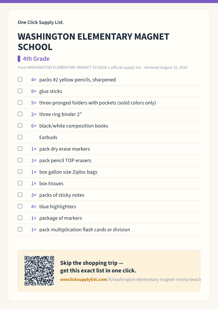 WASHINGTON ELEMENTARY MAGNET SCHOOL 4th Grade supply list — printable image