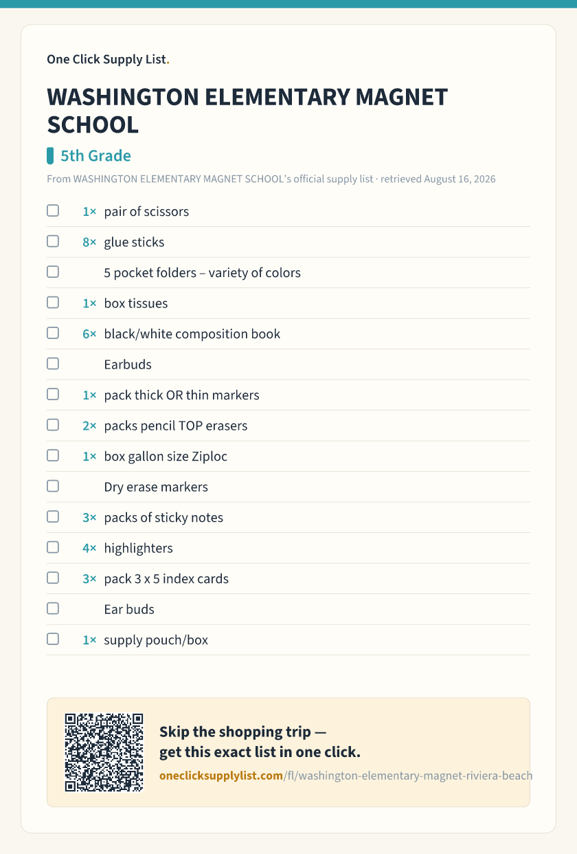 WASHINGTON ELEMENTARY MAGNET SCHOOL 5th Grade supply list — printable image