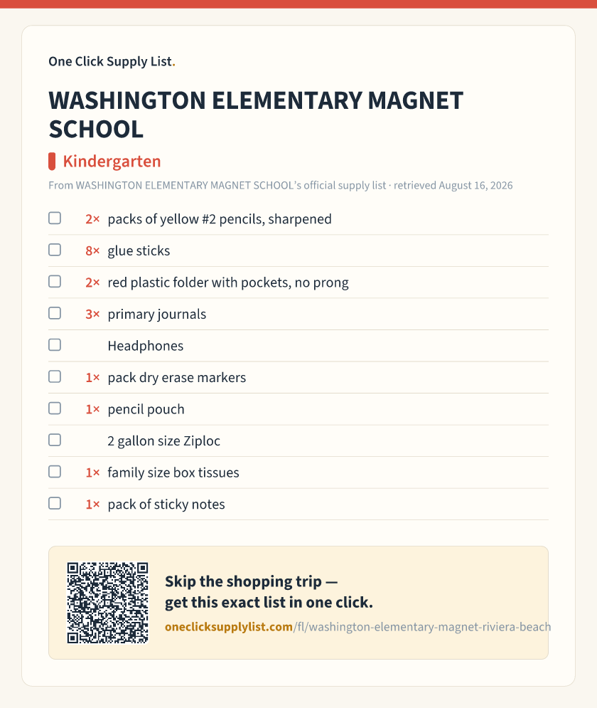 WASHINGTON ELEMENTARY MAGNET SCHOOL Kindergarten supply list — printable image