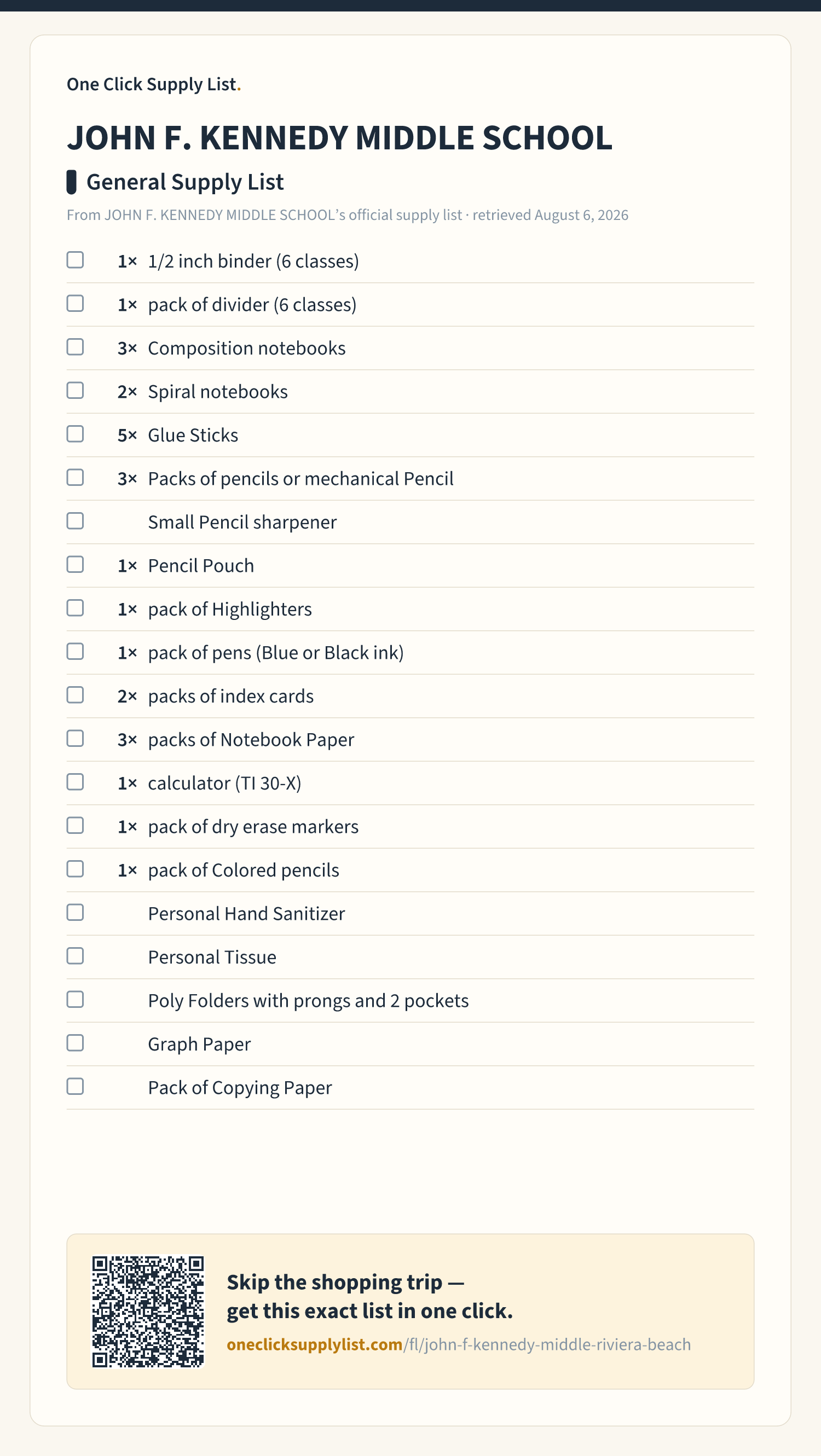 JOHN F. KENNEDY MIDDLE SCHOOL General Supply List supply list — printable image