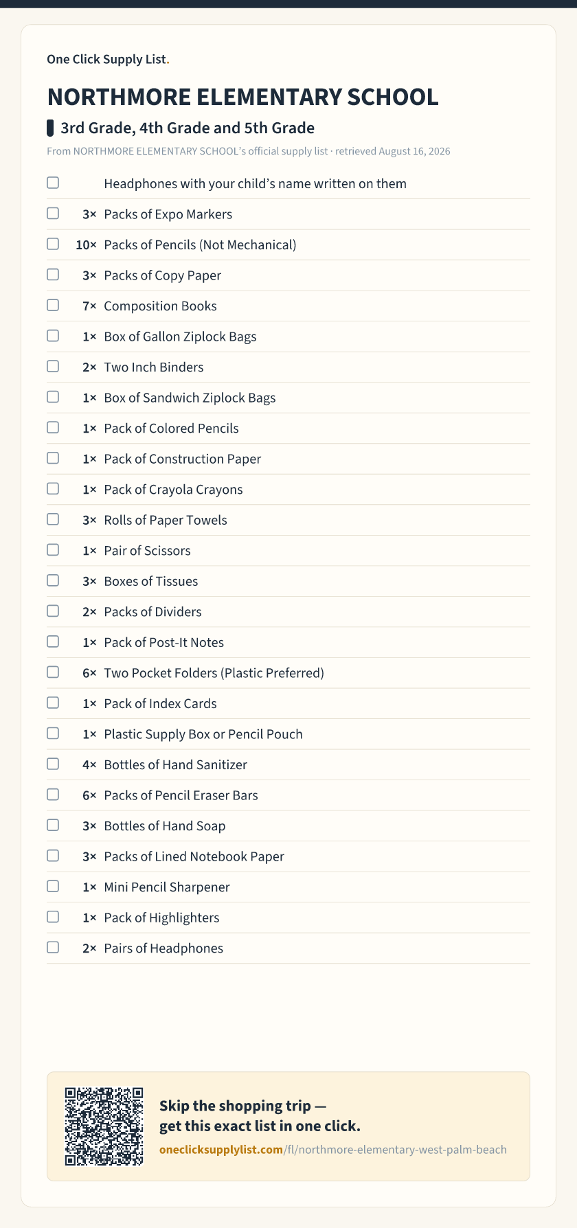 NORTHMORE ELEMENTARY SCHOOL 3rd Grade, 4th Grade and 5th Grade supply list — printable image