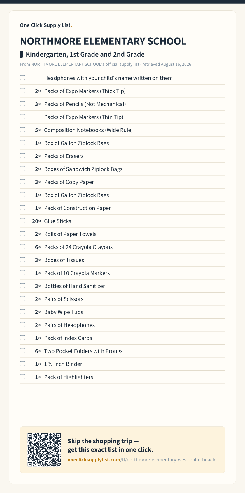 NORTHMORE ELEMENTARY SCHOOL Kindergarten, 1st Grade and 2nd Grade supply list — printable image