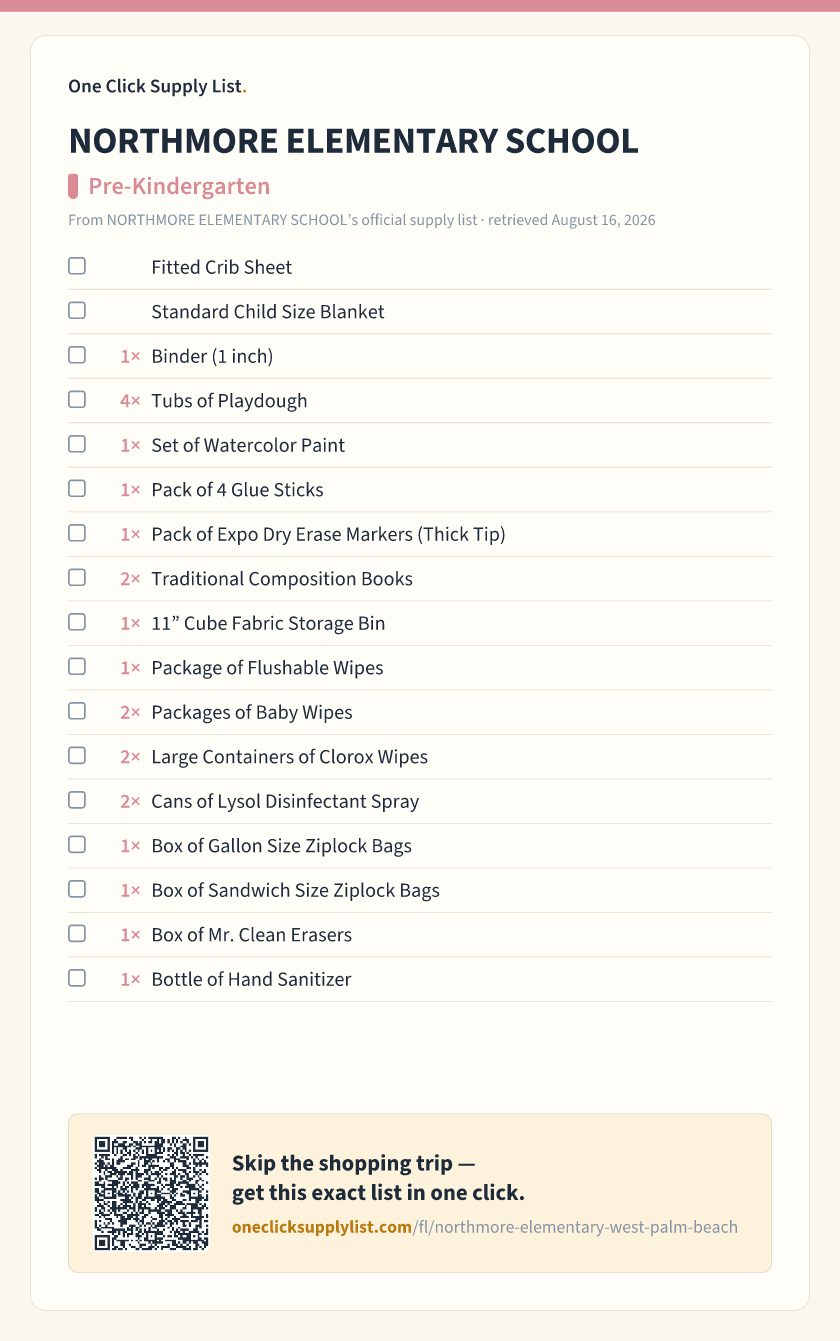 NORTHMORE ELEMENTARY SCHOOL Pre-Kindergarten supply list — printable image