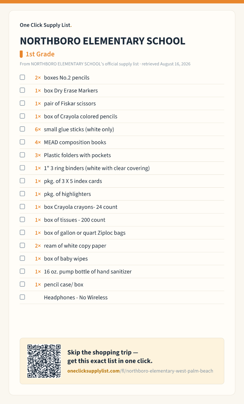 NORTHBORO ELEMENTARY SCHOOL 1st Grade supply list — printable image