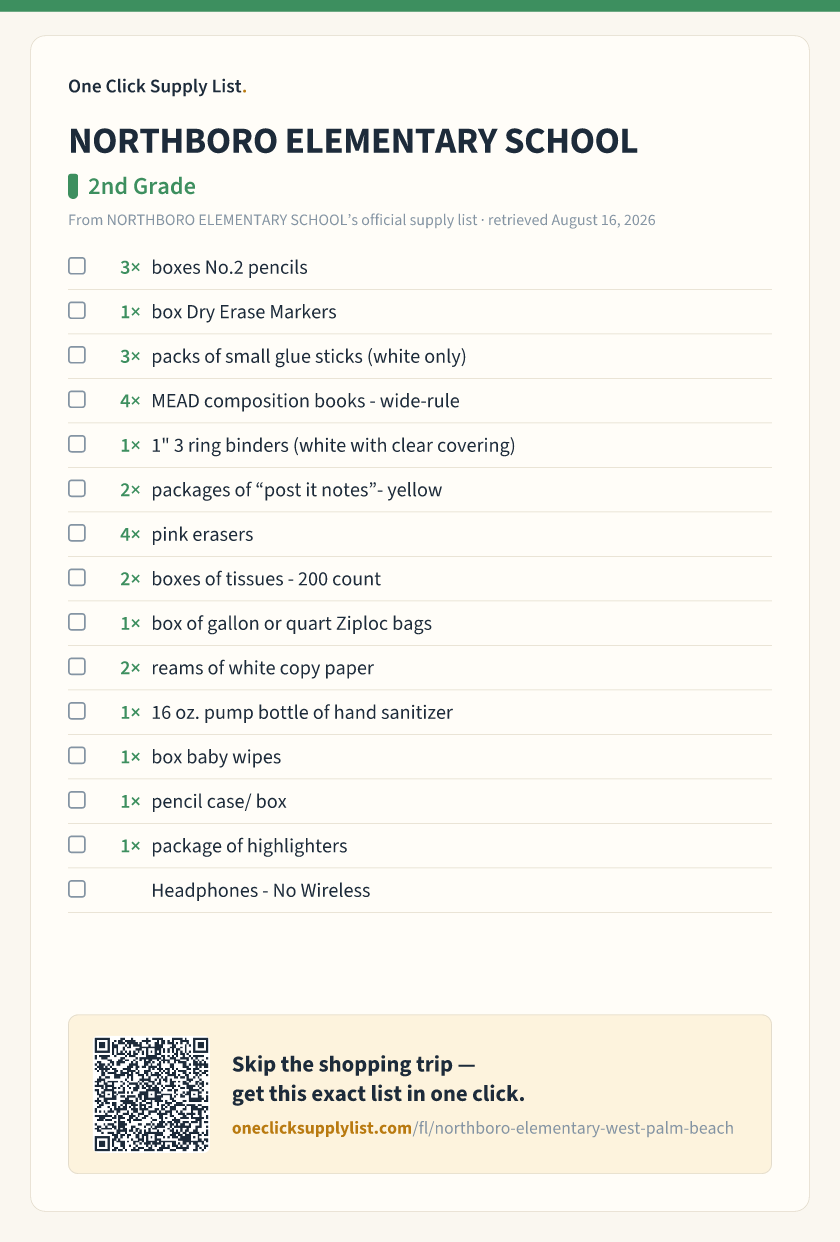 NORTHBORO ELEMENTARY SCHOOL 2nd Grade supply list — printable image