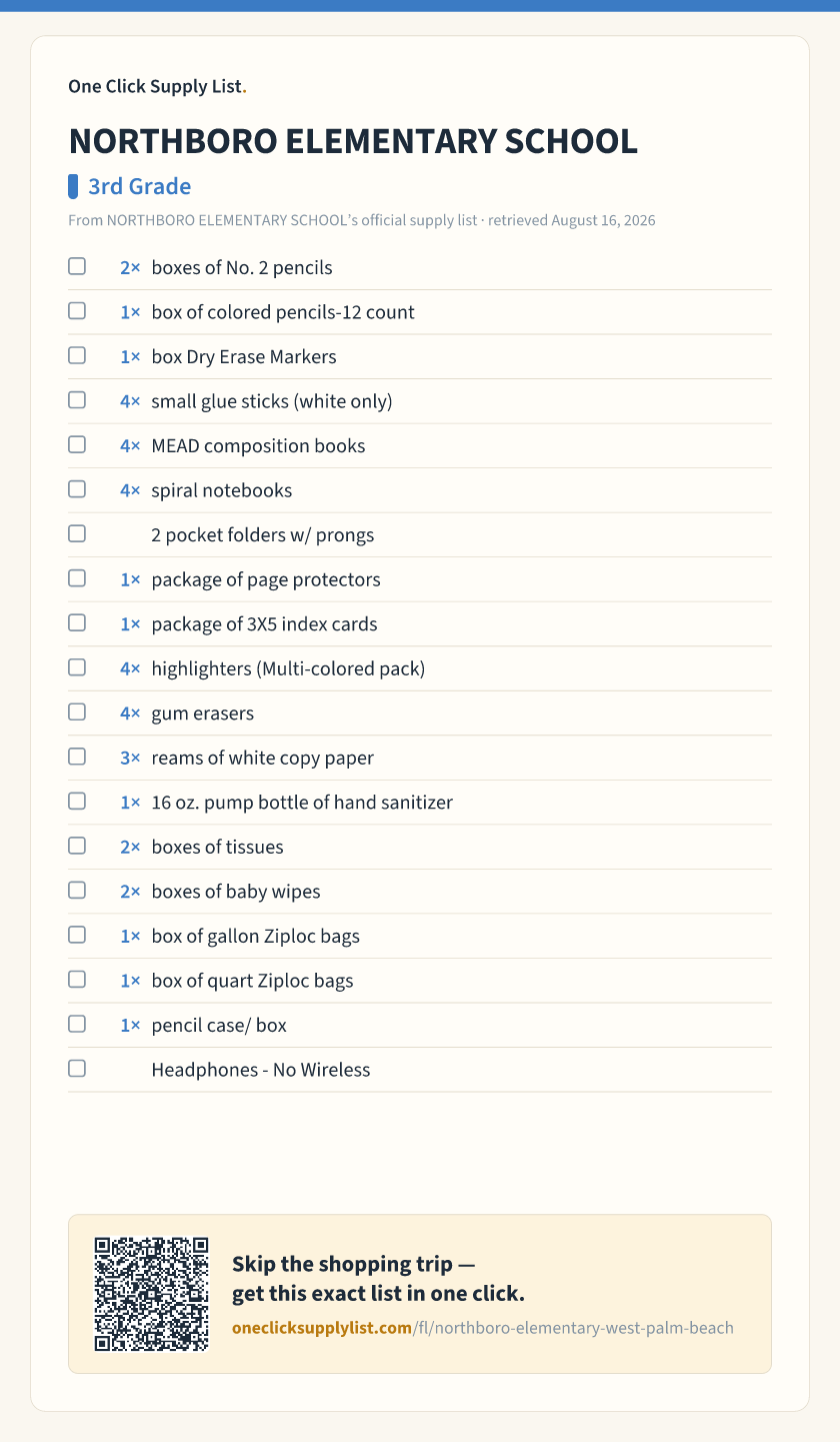 NORTHBORO ELEMENTARY SCHOOL 3rd Grade supply list — printable image