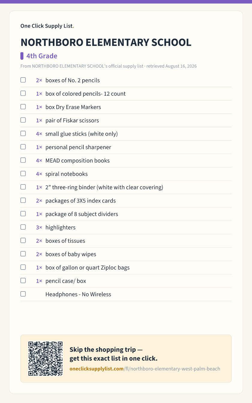NORTHBORO ELEMENTARY SCHOOL 4th Grade supply list — printable image