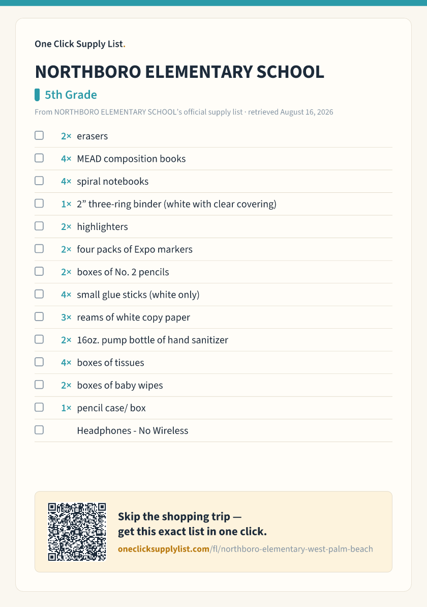 NORTHBORO ELEMENTARY SCHOOL 5th Grade supply list — printable image