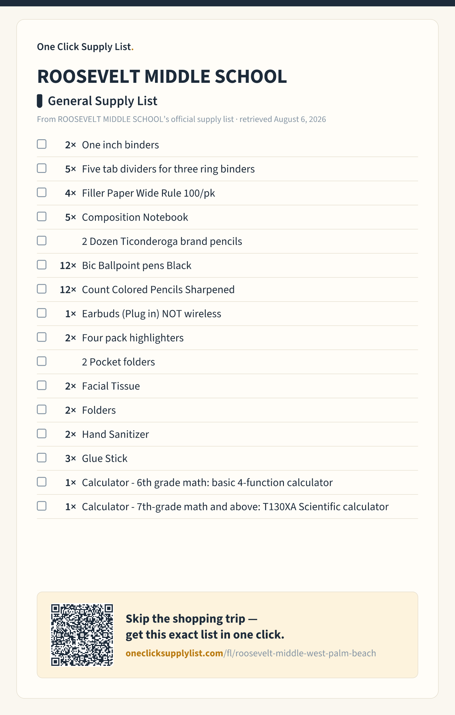 ROOSEVELT MIDDLE SCHOOL General Supply List supply list — printable image