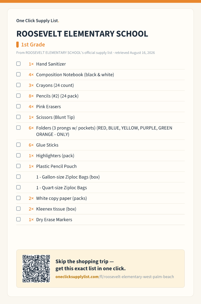 ROOSEVELT ELEMENTARY SCHOOL 1st Grade supply list — printable image