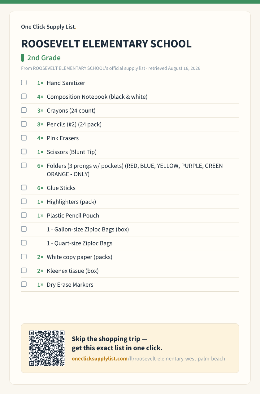 ROOSEVELT ELEMENTARY SCHOOL 2nd Grade supply list — printable image