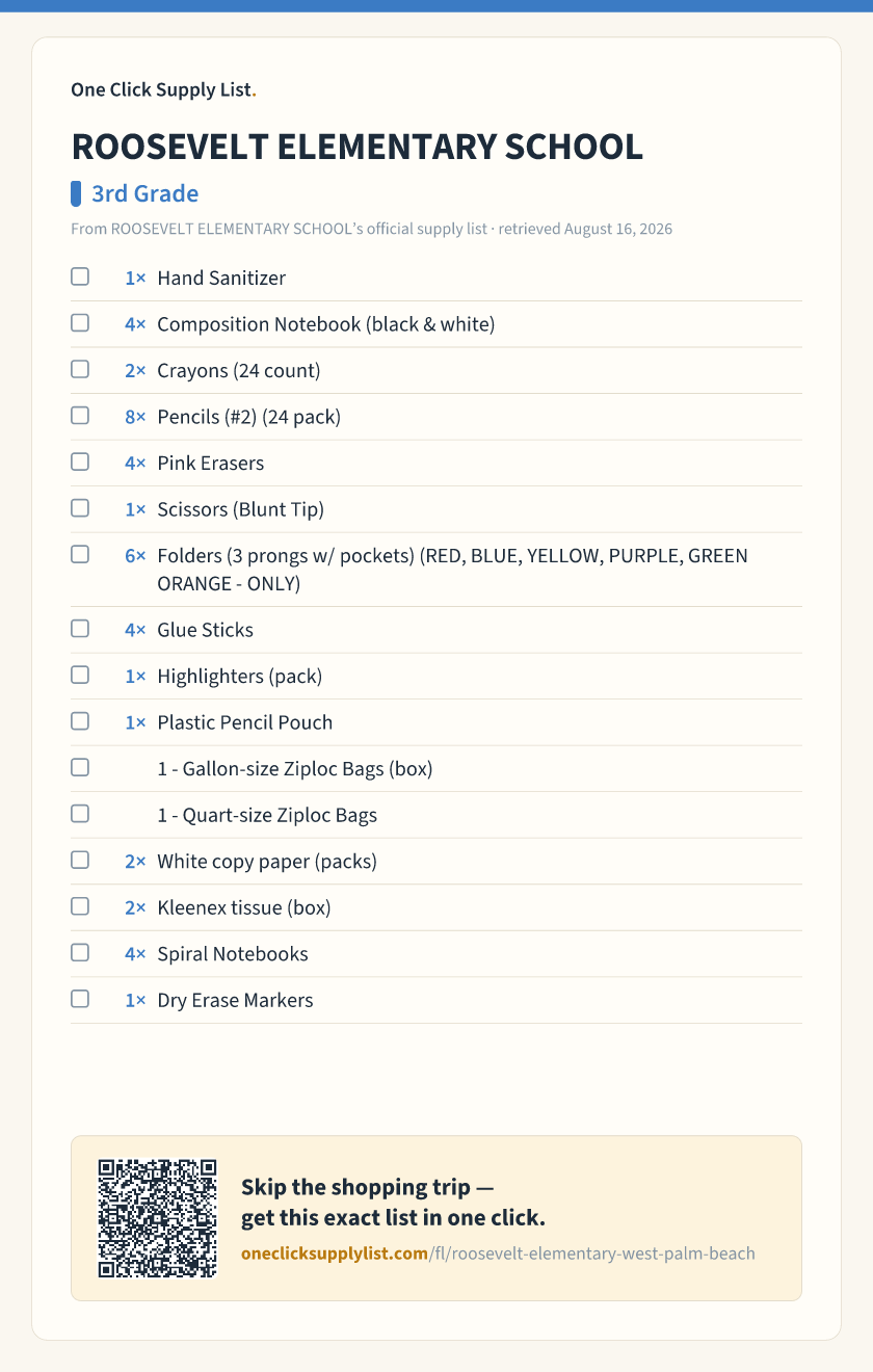 ROOSEVELT ELEMENTARY SCHOOL 3rd Grade supply list — printable image