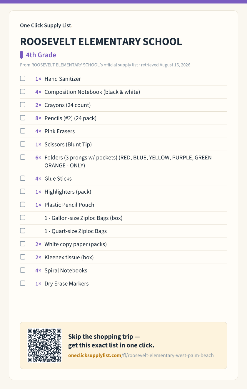 ROOSEVELT ELEMENTARY SCHOOL 4th Grade supply list — printable image