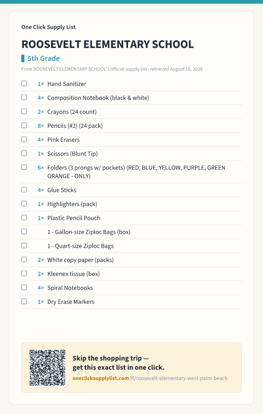 ROOSEVELT ELEMENTARY SCHOOL 5th Grade supply list — printable image