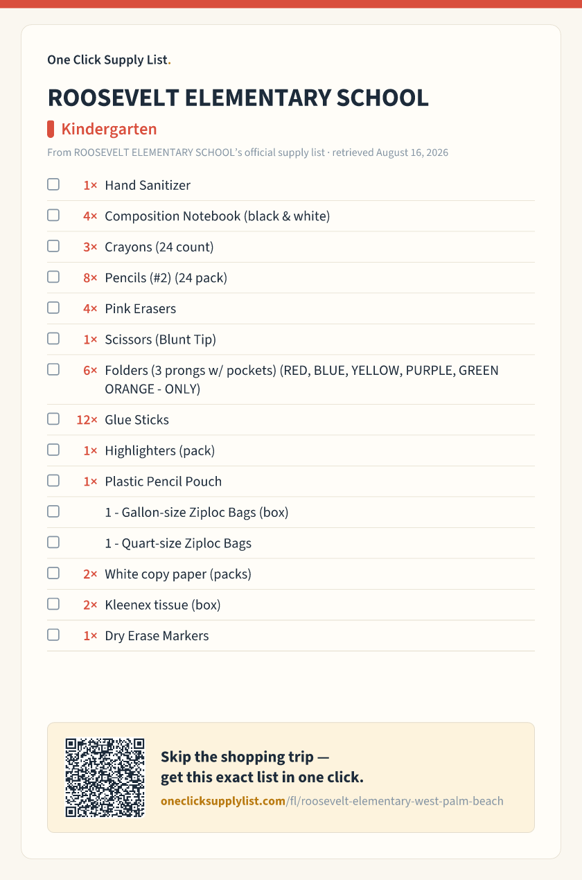 ROOSEVELT ELEMENTARY SCHOOL Kindergarten supply list — printable image