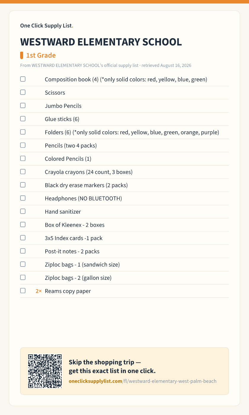 WESTWARD ELEMENTARY SCHOOL 1st Grade supply list — printable image