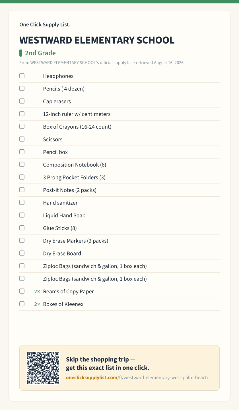 WESTWARD ELEMENTARY SCHOOL 2nd Grade supply list — printable image