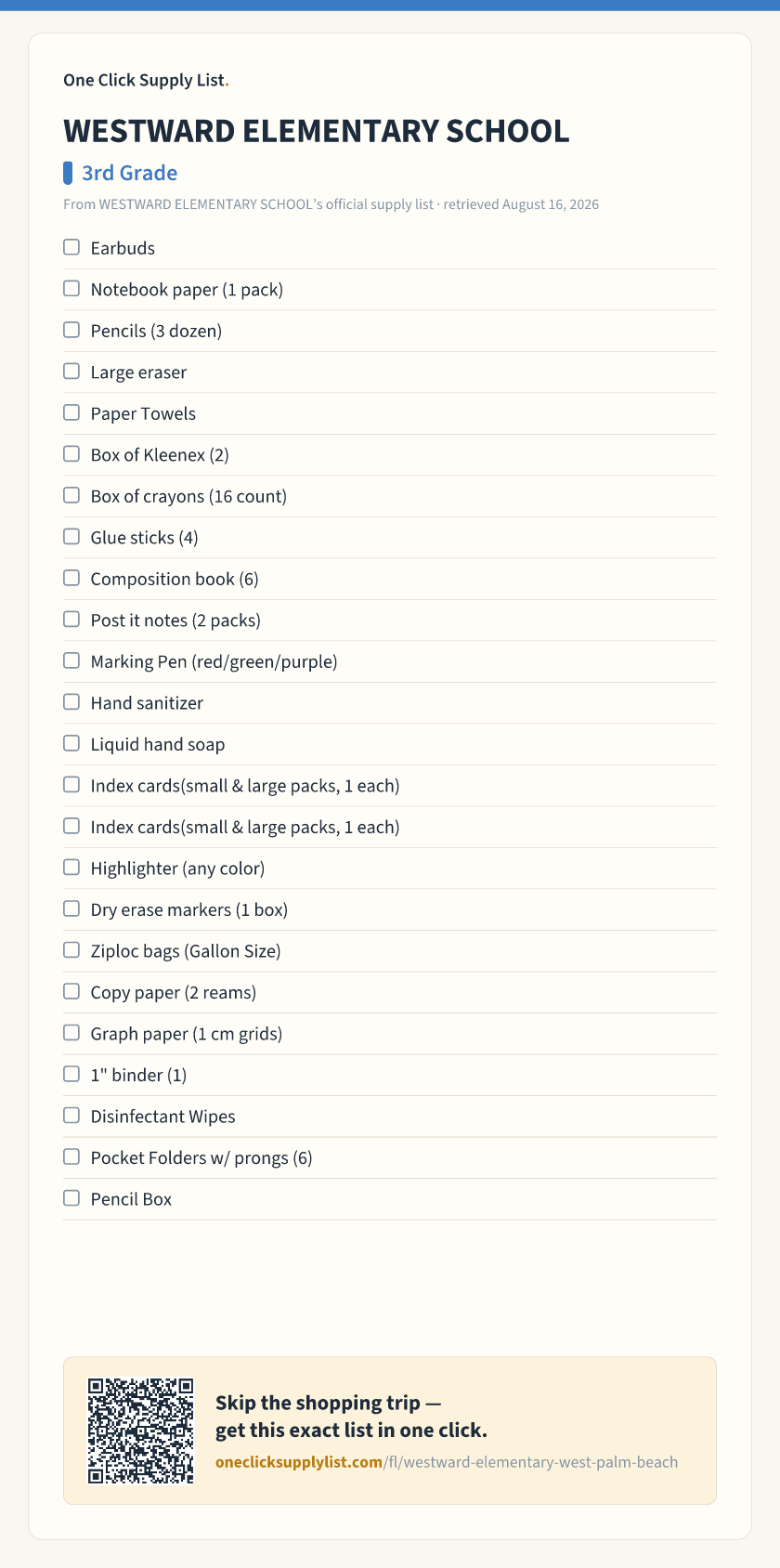 WESTWARD ELEMENTARY SCHOOL 3rd Grade supply list — printable image